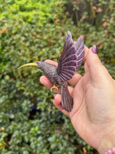 Load image into Gallery viewer, Handcarved Sugilite Humming Bird on a Quartz and Pyrite Base with a Mangano Calcite Flower and Serpentine Petals