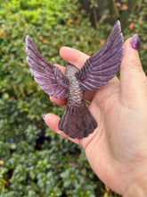 Load image into Gallery viewer, Handcarved Sugilite Humming Bird on a Quartz and Pyrite Base with a Mangano Calcite Flower and Serpentine Petals