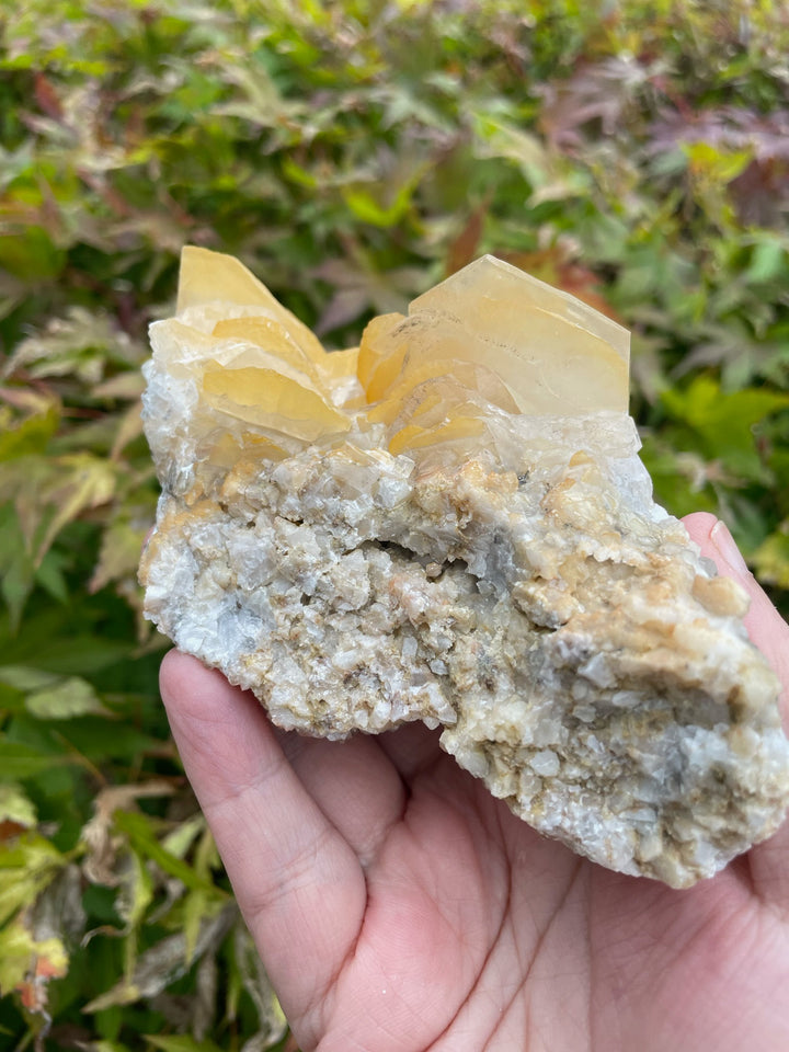 Yellow calcite flakes on Quartz Specimen