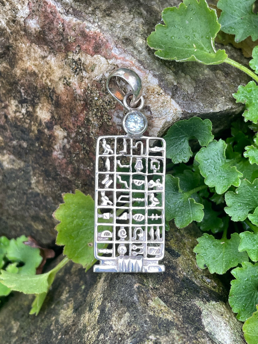 925 Sterling Silver Egyptian Hieroglyphs with Blue Topaz Pendant