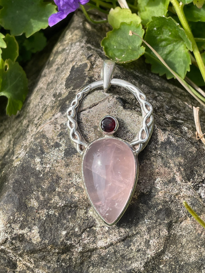 925 Sterling Silver Rose Quartz &amp; Garnet Celtic Angel Pendant
