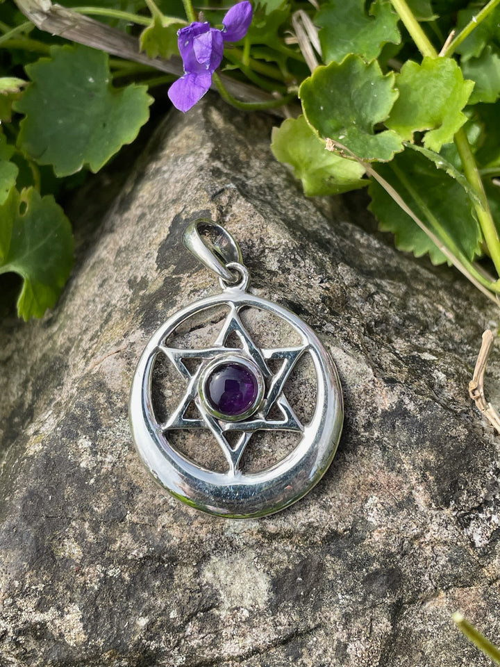 925 Sterling Silver 6 Point Star Moon Crescent Pendant with Amethyst