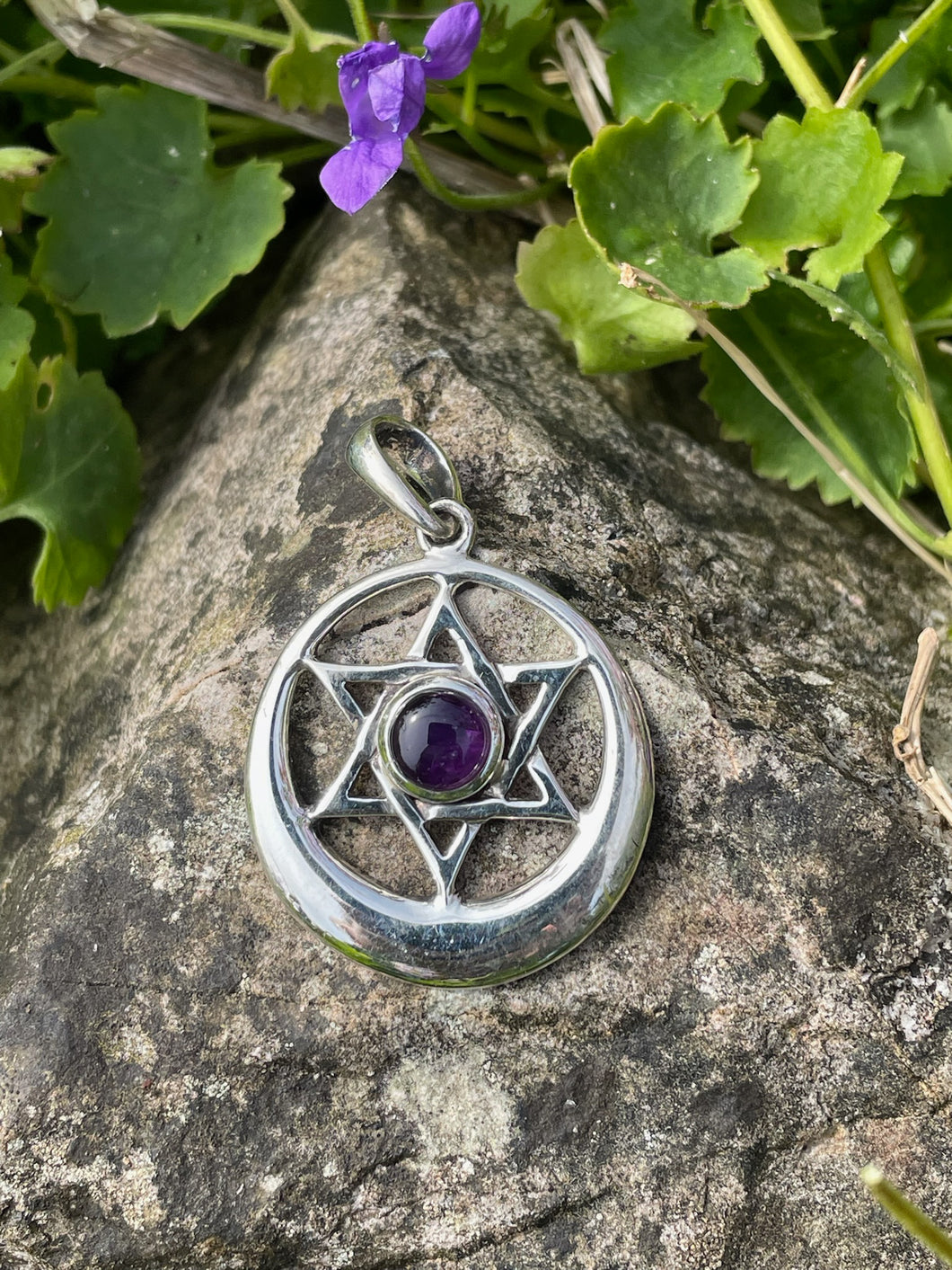 925 Sterling Silver 6 Point Star Moon Crescent Pendant with Amethyst
