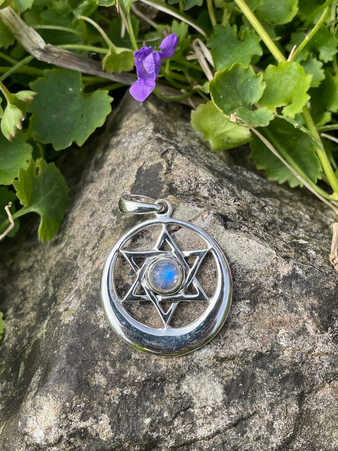 925 Sterling Silver 6 Point Star Moon Crescent Pendant with Moonstone