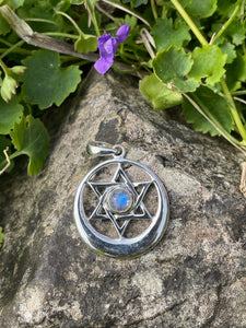 925 Sterling Silver 6 Point Star Moon Crescent Pendant with Moonstone