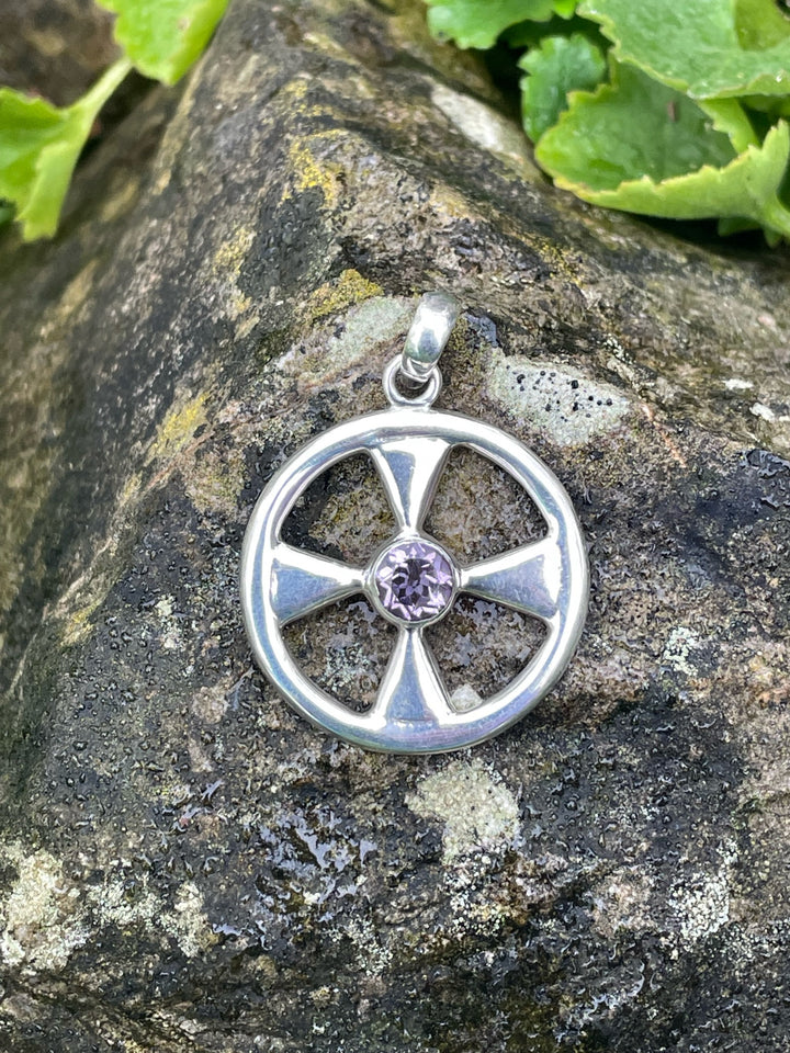 925 Sterling Silver Celtic Cross with a Faceted Amethyst Pendant