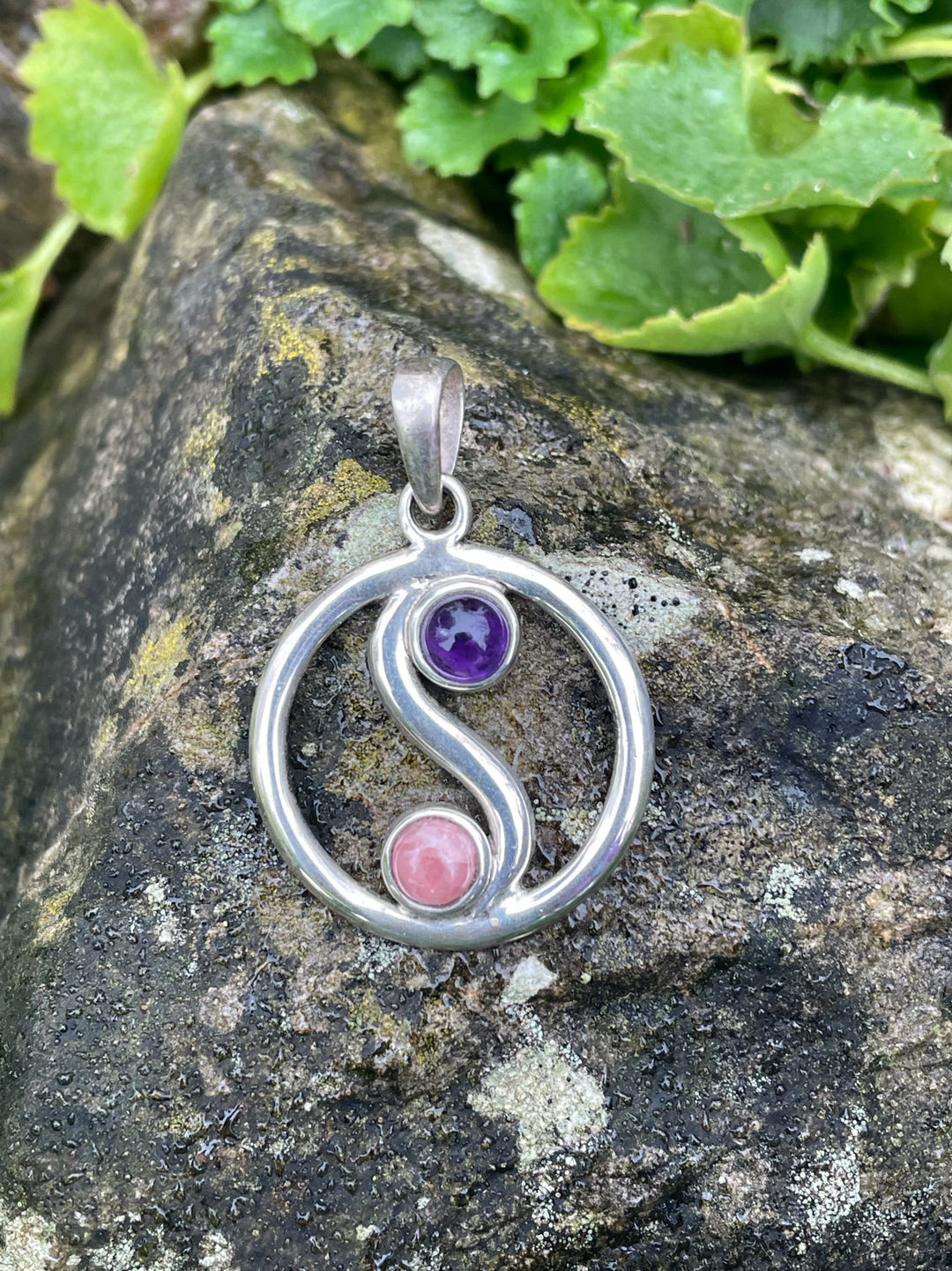 925 Sterling Silver Amethyst and Rhodochrosite Yin Yang Pendant