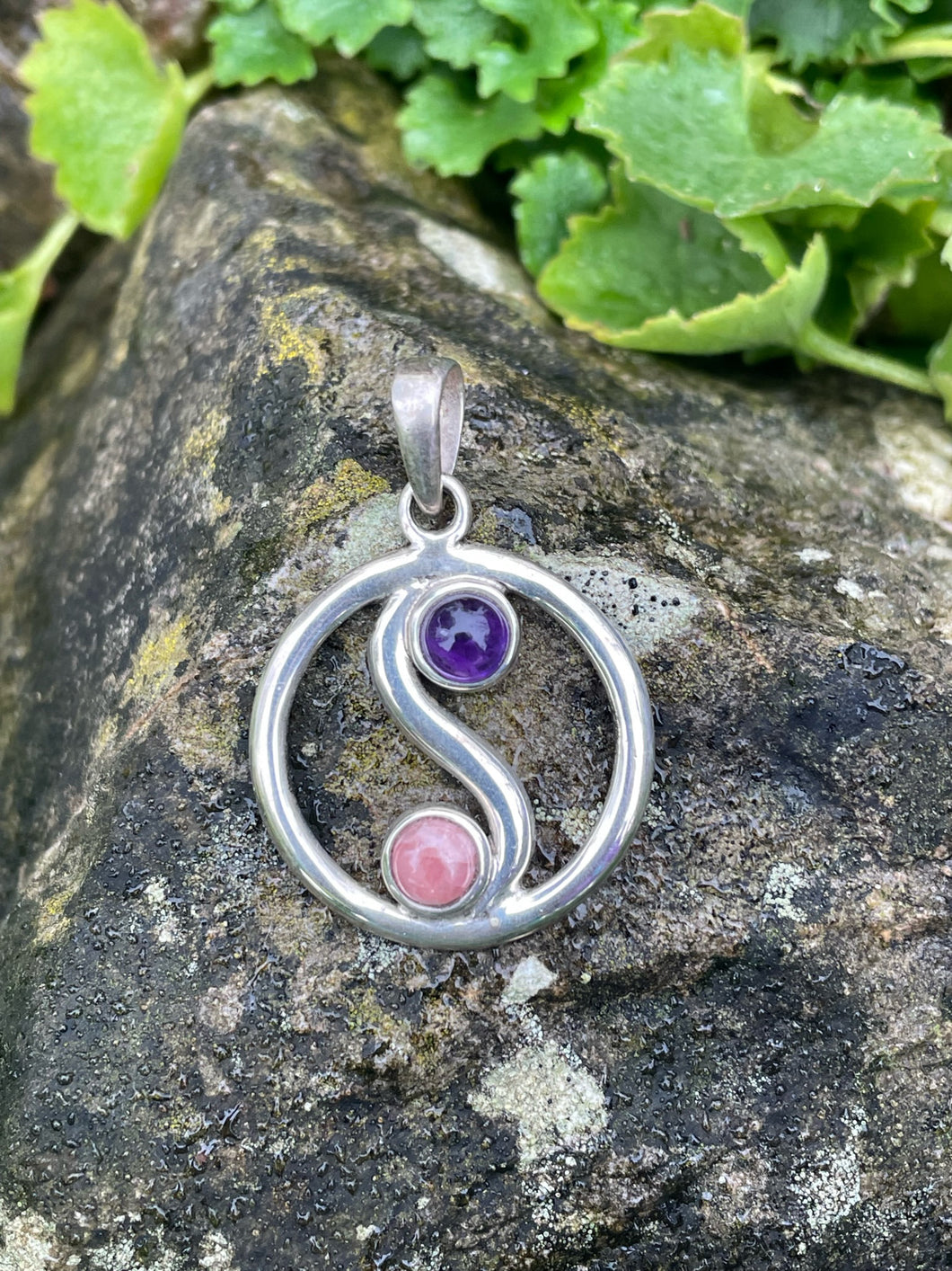 925 Sterling Silver Amethyst and Rhodochrosite Yin Yang Pendant