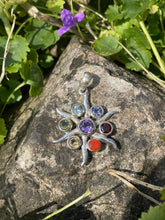 Load image into Gallery viewer, Silver Chakra Sun Pendant with Faceted Stones
