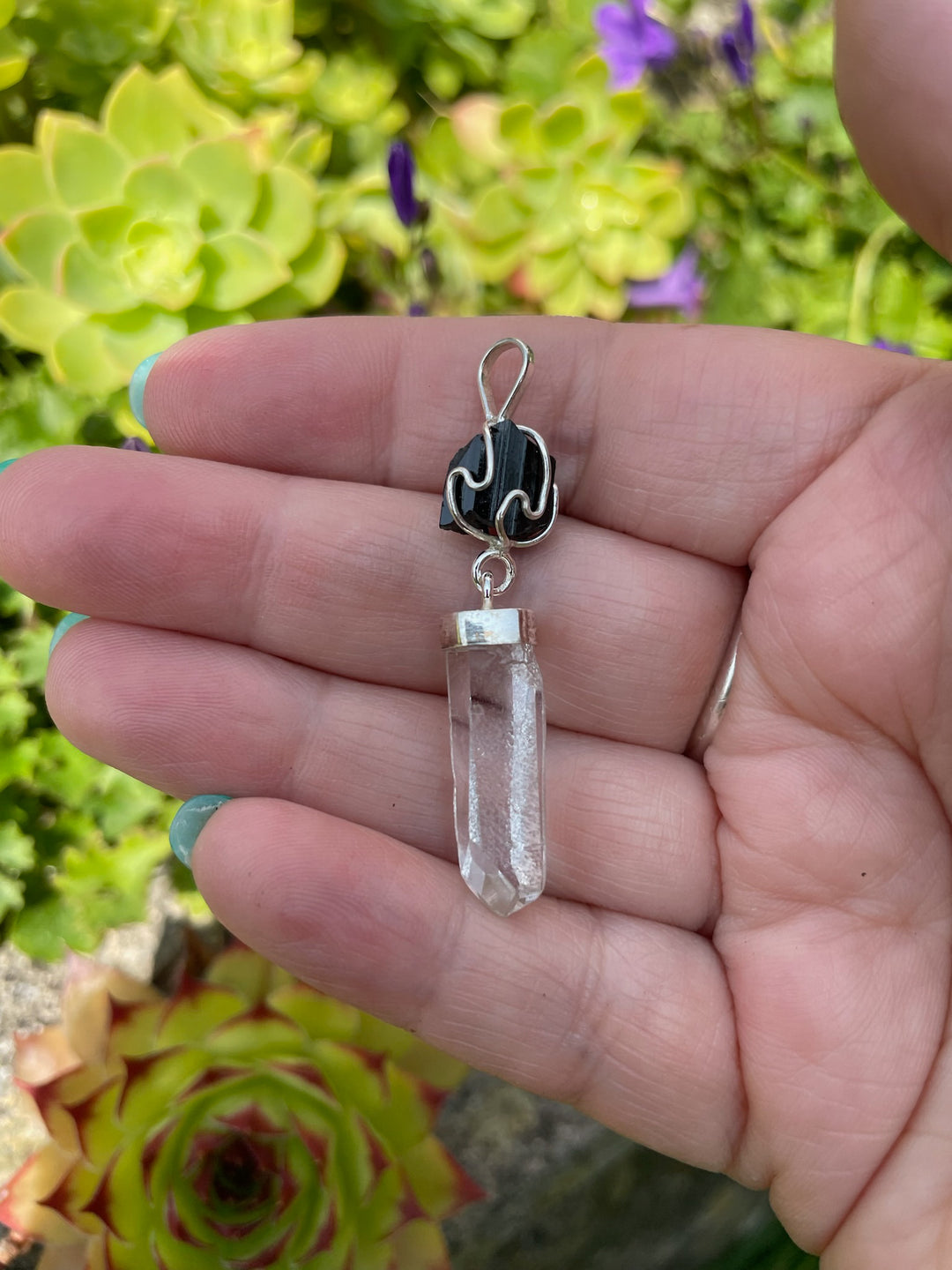 Silver Black Tourmaline and Quartz Pendant