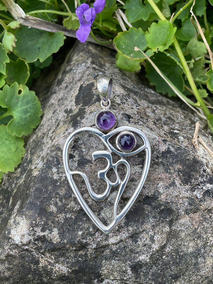 925 Sterling Silver Om in Heart Pendant with Amethyst