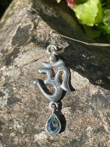Silver Fancy OM with Blue Topaz Droplet Pendant
