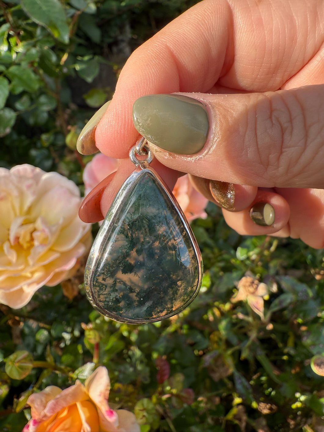 Silver Translucent Moss Agate Pendant