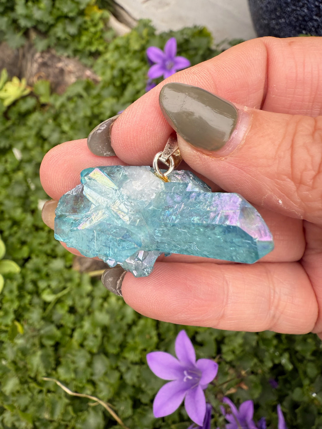 Aqua Aura Quartz Cluster Pendant