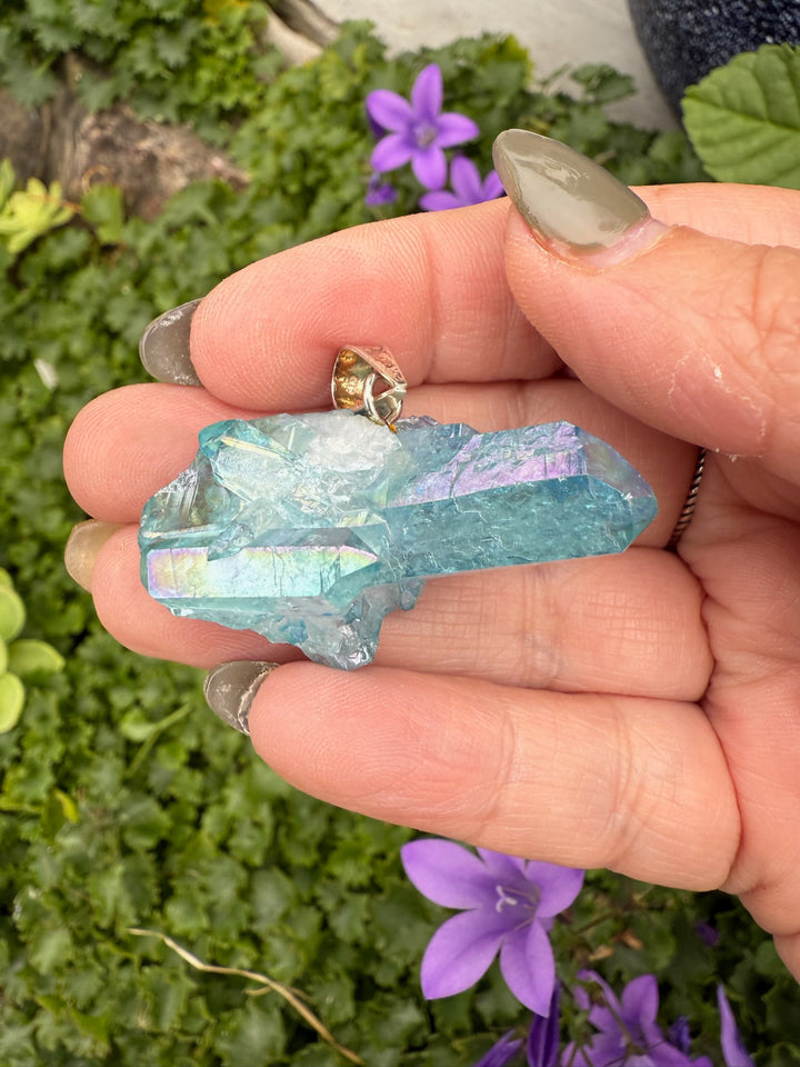 Aqua Aura Quartz Cluster Pendant