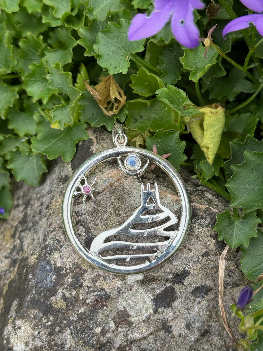 Silver Glastonbury Tor Pendant with Moonstone and Ruby