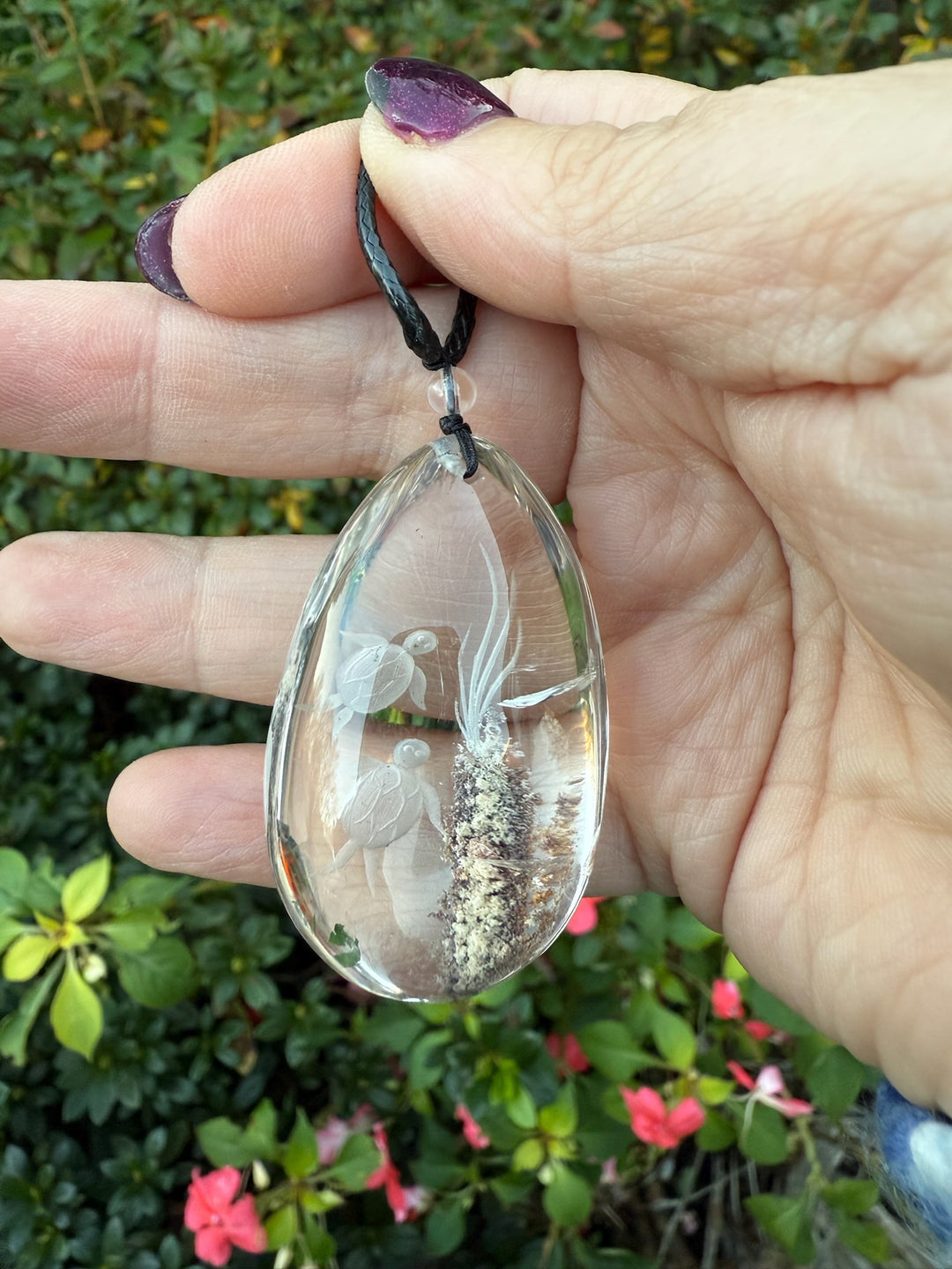 Reverse Intaglio Turtle Back Carved Quartz Pendant and Adjustable Chain