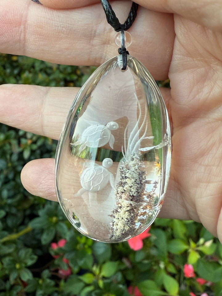 Reverse Intaglio Turtle Back Carved Quartz Pendant and Adjustable Chain