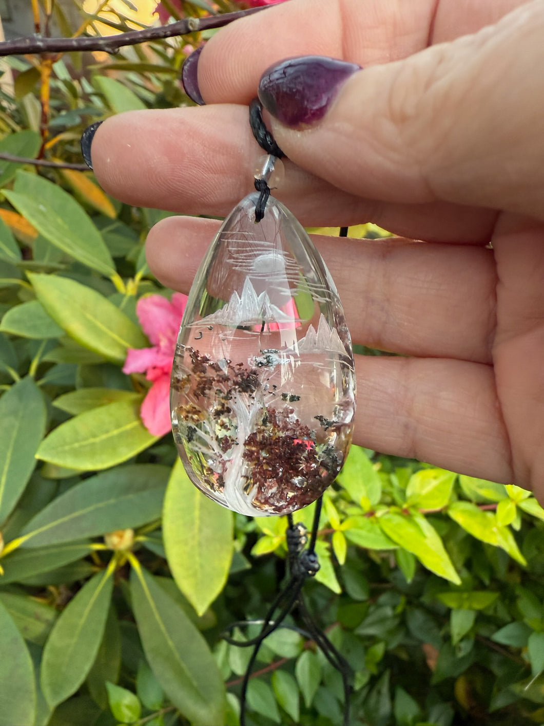 Mountain Scene Back Carved Garden Quartz Pendant and Adjustable Chain