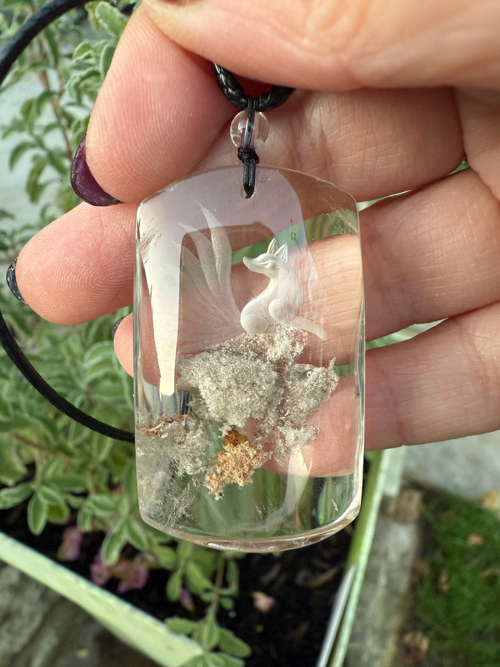 Reverse Intaglio Nine Tail Fox Back Carved Quartz Pendant and Adjustable Chain