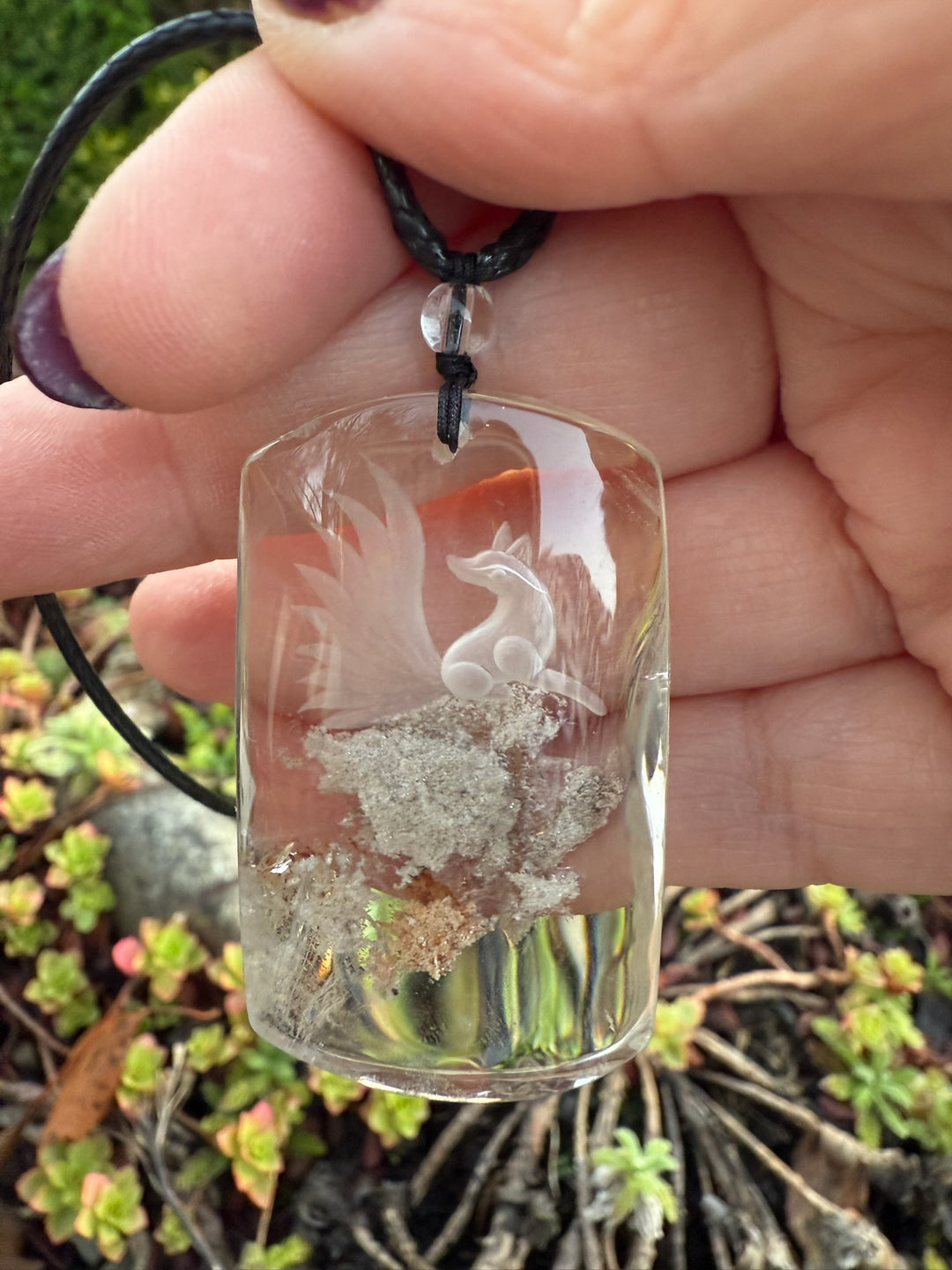 Reverse Intaglio Nine Tail Fox Back Carved Quartz Pendant and Adjustable Chain
