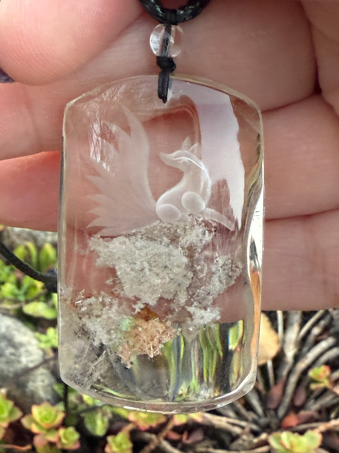Reverse Intaglio Nine Tail Fox Back Carved Quartz Pendant and Adjustable Chain
