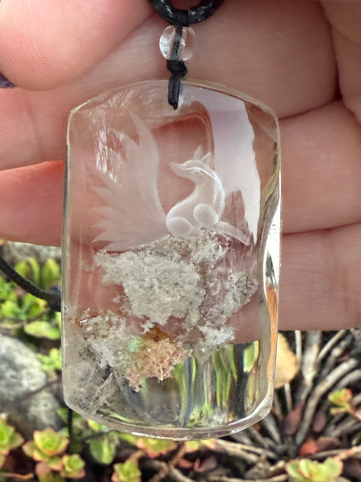 Reverse Intaglio Nine Tail Fox Back Carved Quartz Pendant and Adjustable Chain
