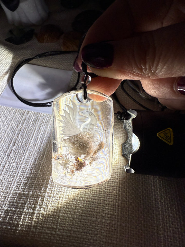Reverse Intaglio Nine Tail Fox Back Carved Quartz Pendant and Adjustable Chain