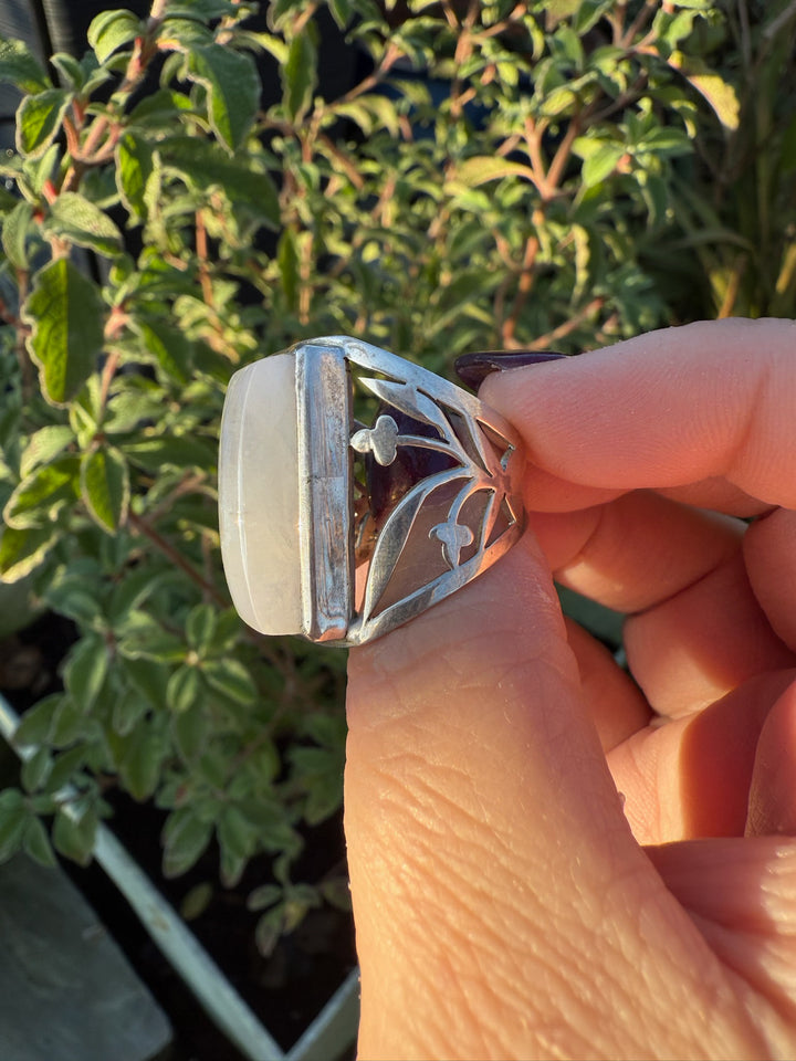 Blue Flash Moonstone Silver Ring Size S or 9.5