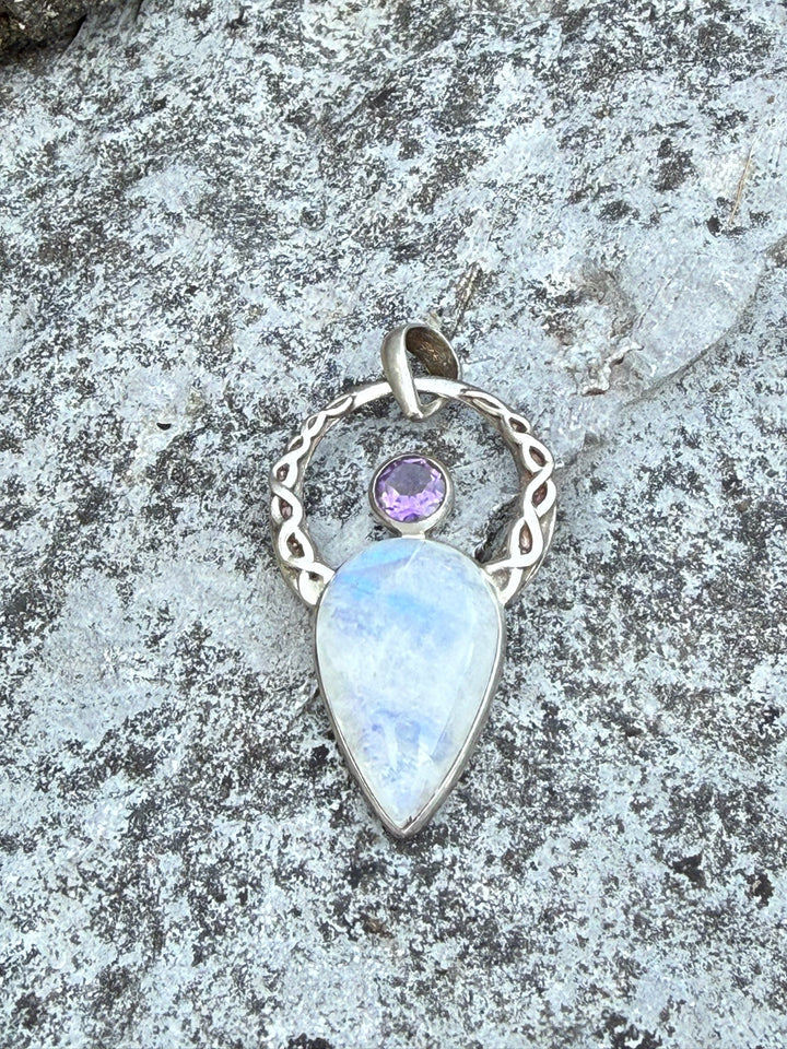 Blue Flash Moonstone and Amethyst Sterling Silver Celtic Goddess Pendant