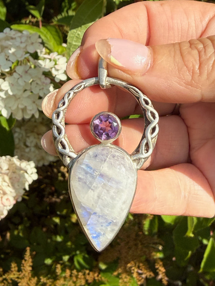 Blue Flash Moonstone and Amethyst Sterling Silver Celtic Goddess Pendant