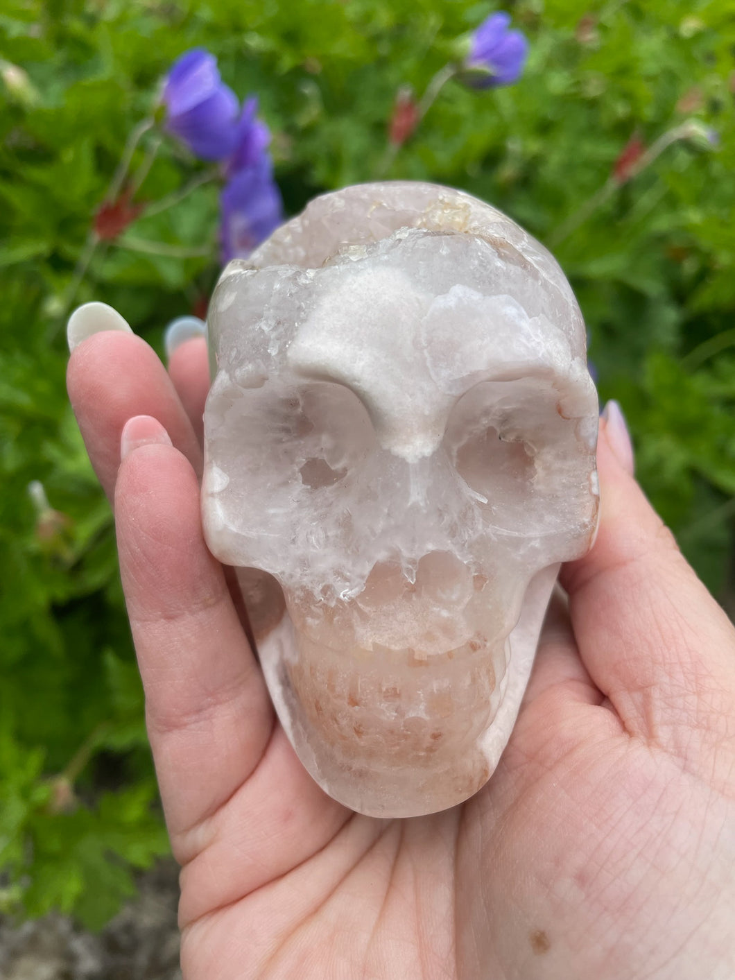 Flower Agate with Quartz Skull Carving