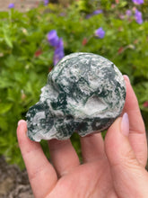 Load image into Gallery viewer, Moss Agate with Druzy Skull Carving
