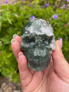 Moss Agate with Druzy Skull Carving