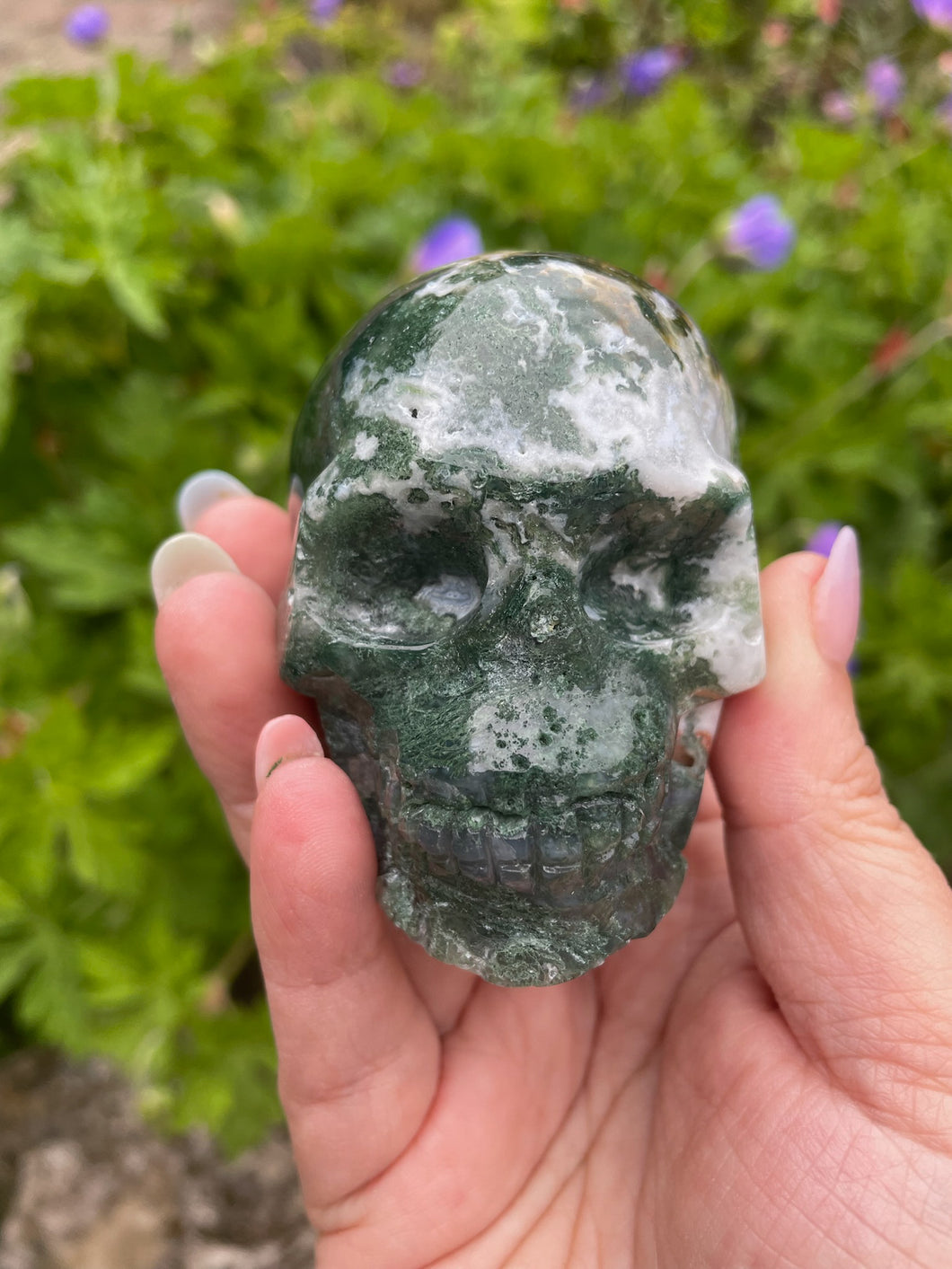 Moss Agate with Druzy Skull Carving