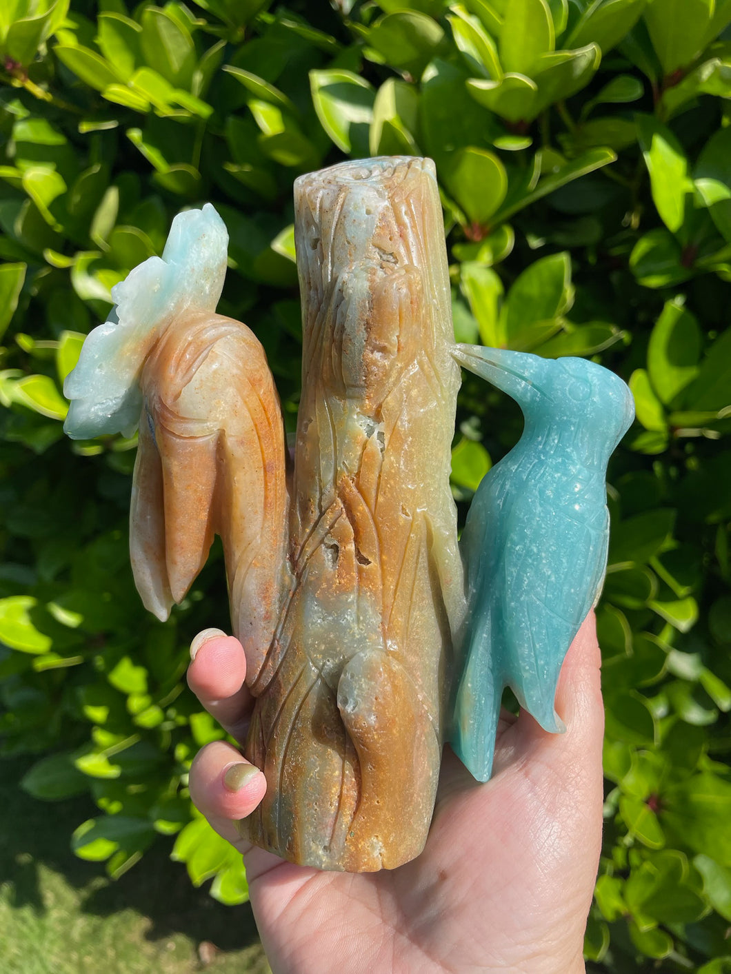High Quality Blue Calcite and Aragonite Woodpecker Carving