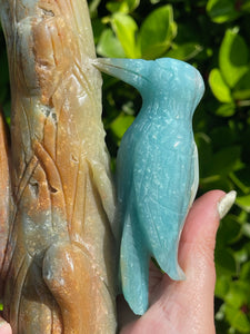 High Quality Blue Calcite and Aragonite Woodpecker Carving