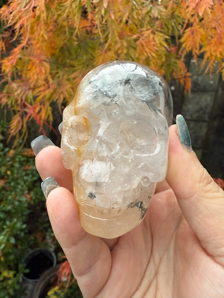 Dendritic Quartz and Golden Healer Skull Carving