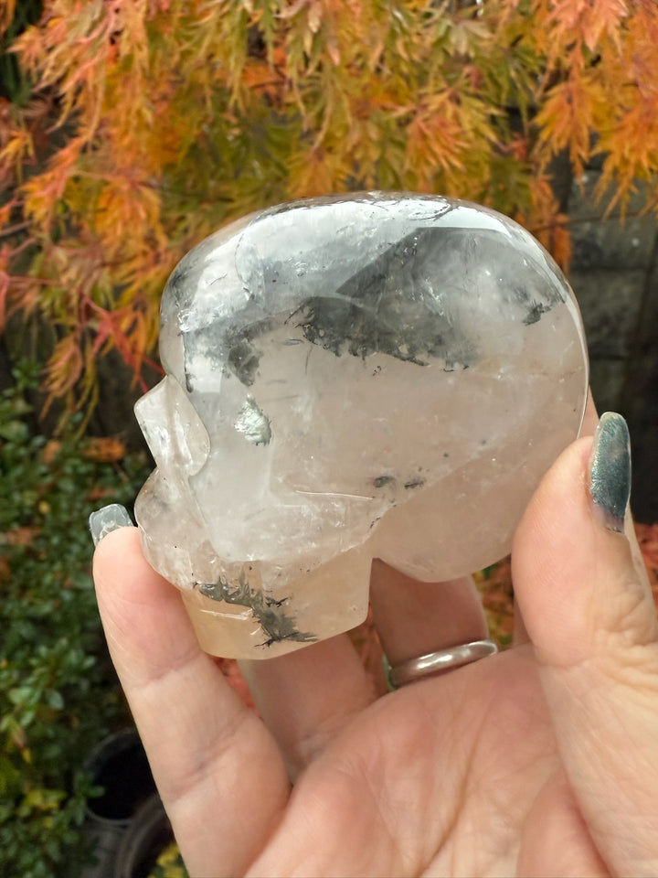 Dendritic Quartz and Golden Healer Skull Carving