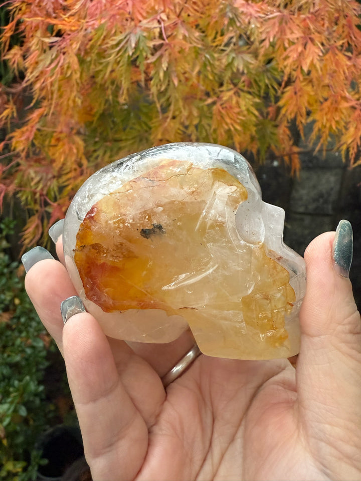 Dendritic Quartz and Golden Healer Skull Carving