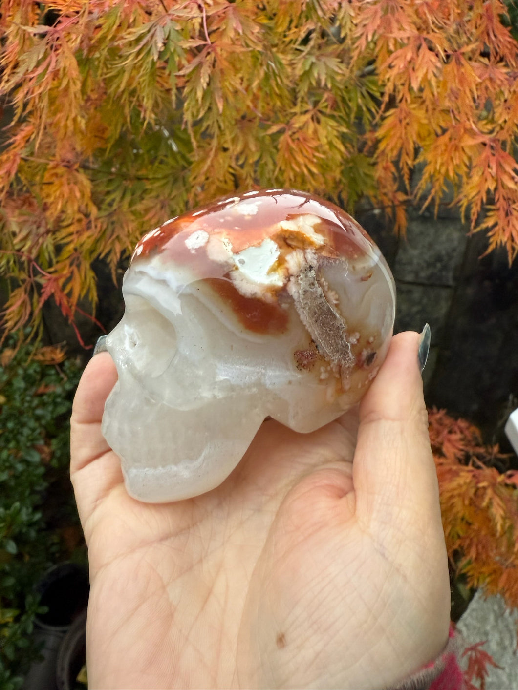 Carnelian Flower Agate and Quartz Skull Carving