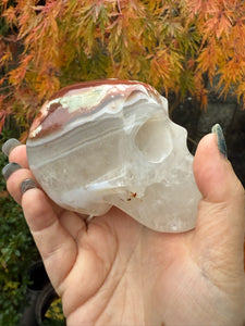 Carnelian Flower Agate and Quartz Skull Carving