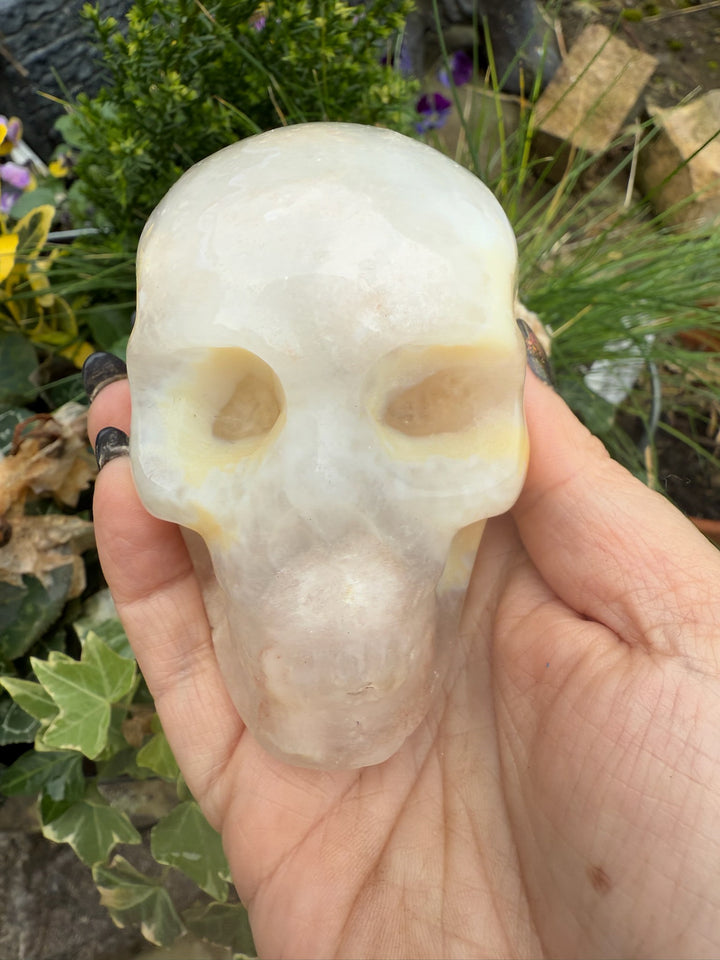 Pink Flower Amethyst with Druzy Skull Carving
