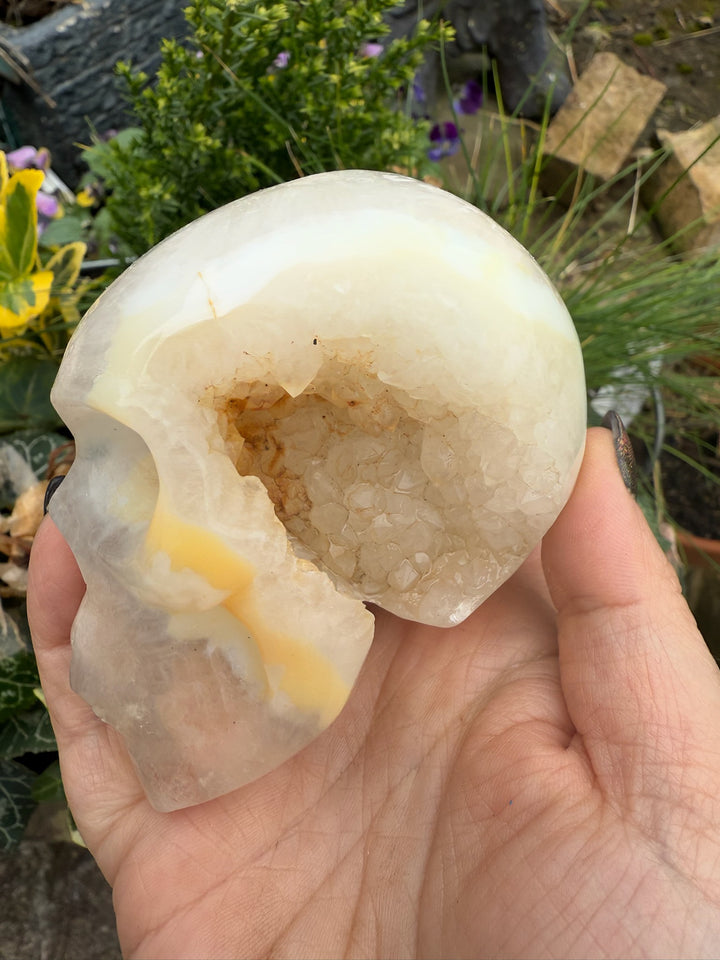 Pink Flower Amethyst with Druzy Skull Carving