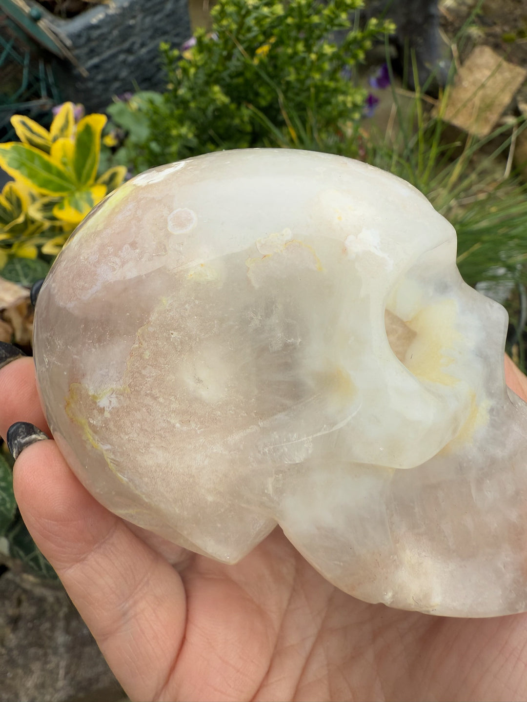 Pink Flower Amethyst with Druzy Skull Carving