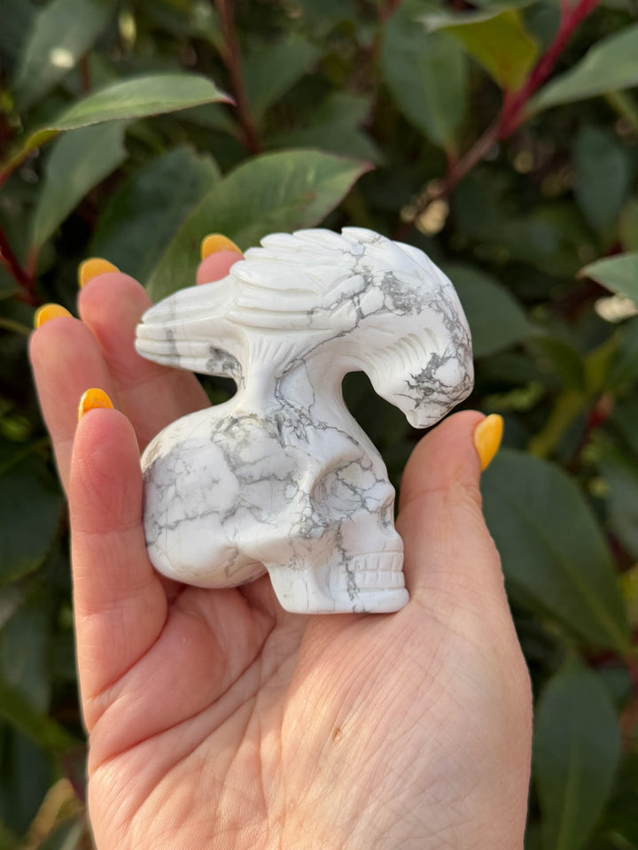 Howlite Skull and Raven Skull Carving