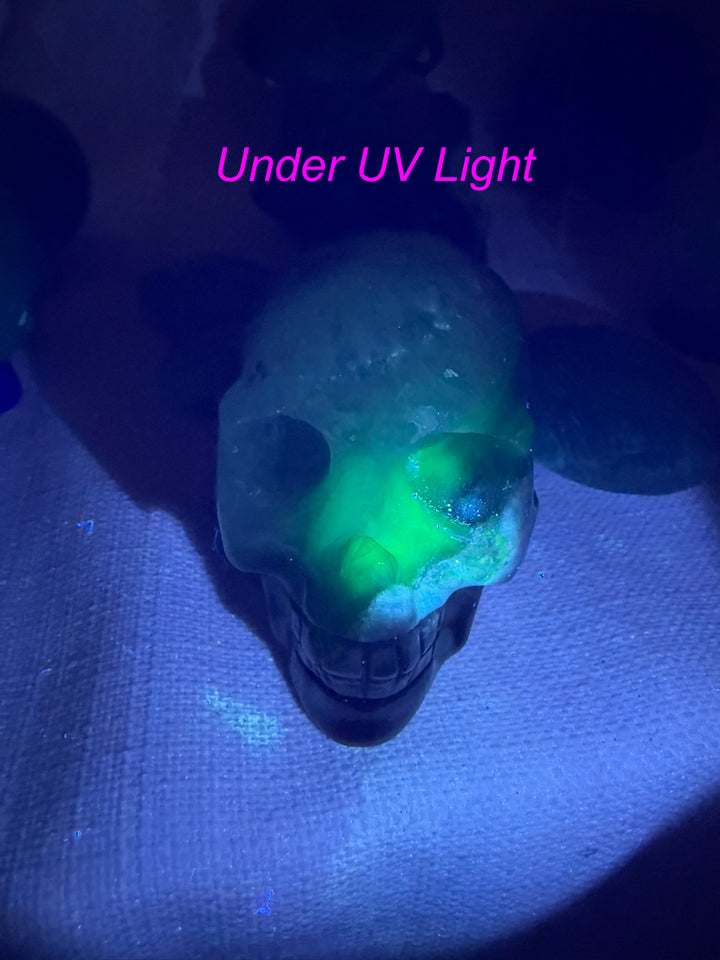 UV Reactive Volcano Agate Skull Carving