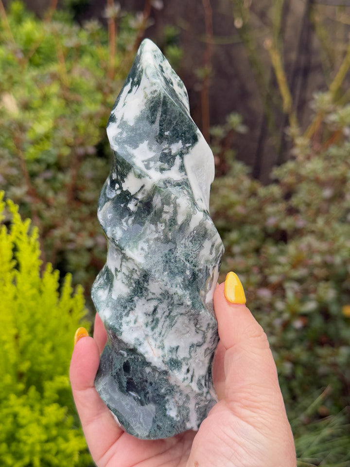 Large Moss Agate Flame Carving