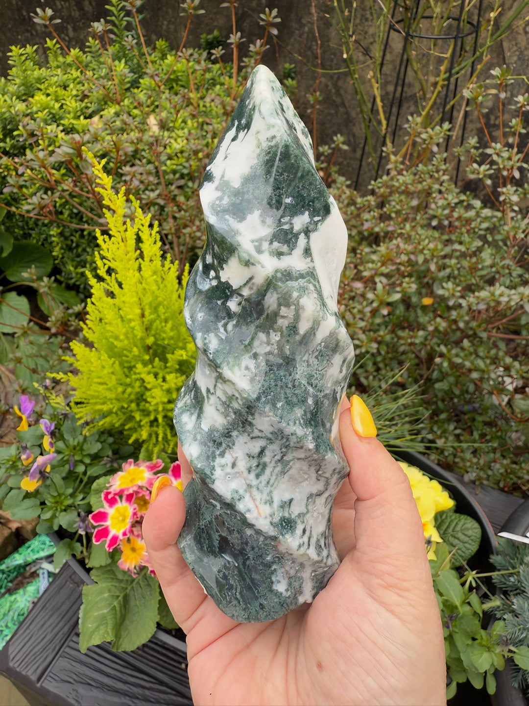 Large Moss Agate Flame Carving