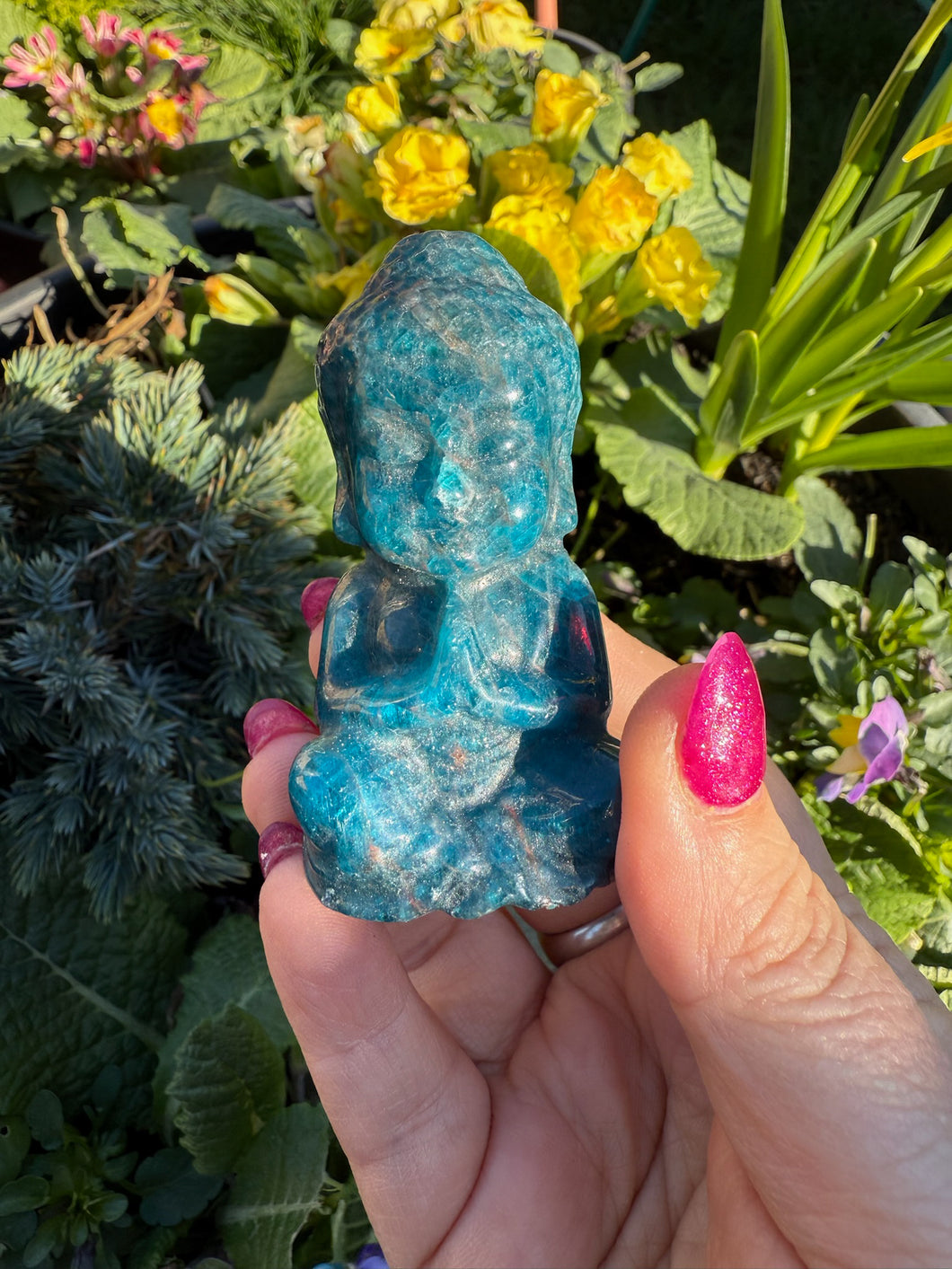 Gemmy Blue Apatite Buddha Carving
